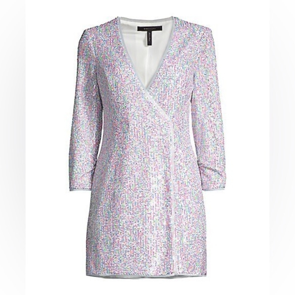 BCBGMAXAZRIA Multicolored Sequin Wrap Dress, French Rose, Size XL